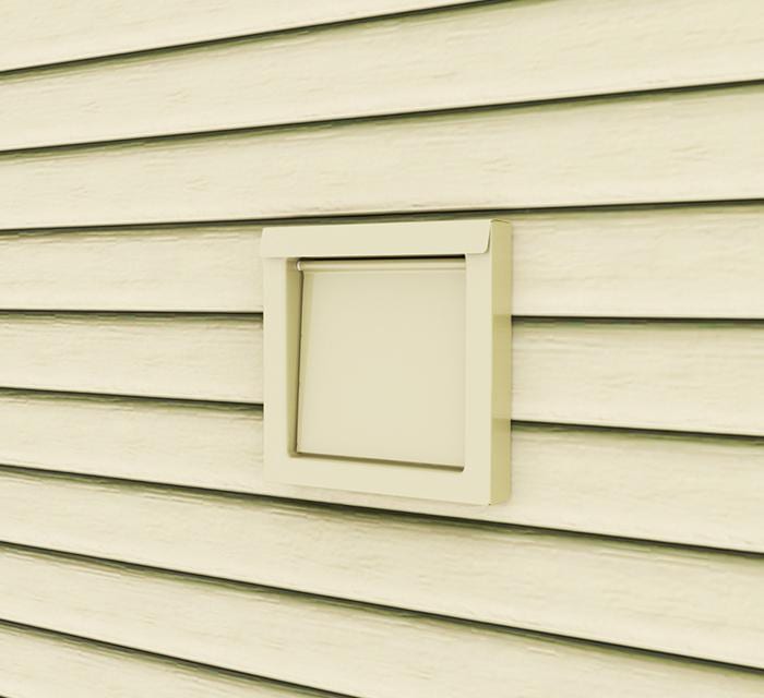 DryerWallVent in tan installed in siding.