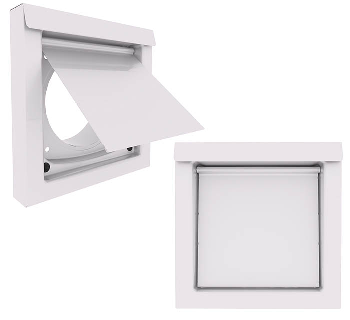 DryerWallVent in white, shown with the damper door halfway open and a second view of it with the damper door in the closed position.