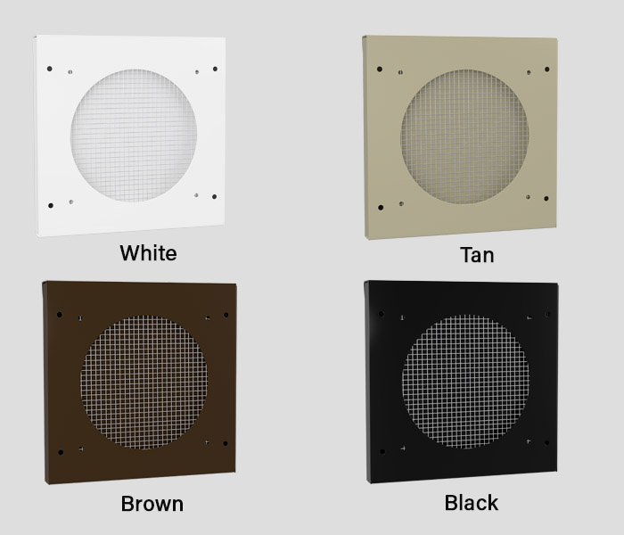 Collage of all four color options of the 6-inch Premium Wall Vent for kitchen and bathroom exhaust venting.