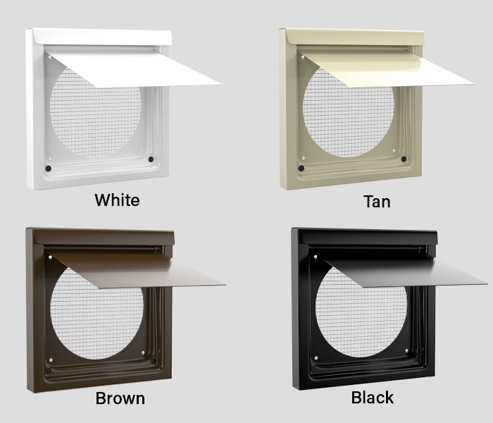 Collage showing all four color options for the 6-Inch Premium Wall Vent No Collar for kitchen and bathroom exhaust venting.