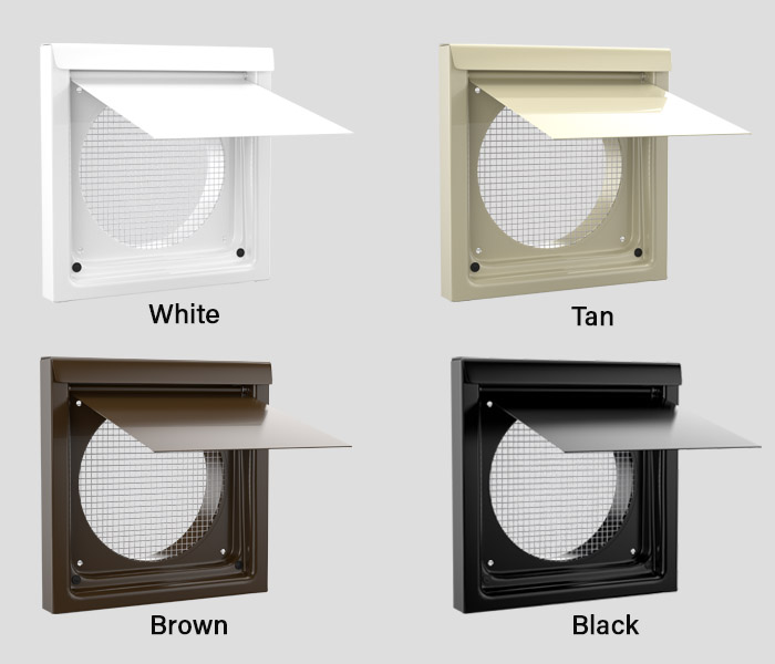 Collage showing the color options for the 6-Inch Premium Wall Vent for kitchen and bathroom exhaust venting.