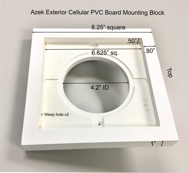 The Azek mounting block is made of PVC and is used to fill in gaps between the DryerWallVent and the substrate, whether it be siding or other uneven surface, to provide a wider, even footprint.