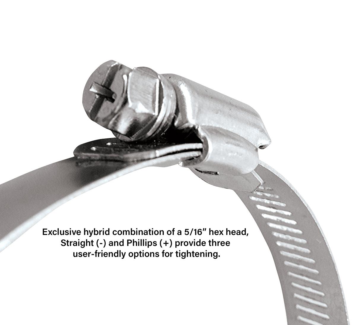 DryerClamp stainless steel worm drive hose clamps incorporate an exclusive hybrid combination of hex, straight and phillips heads.