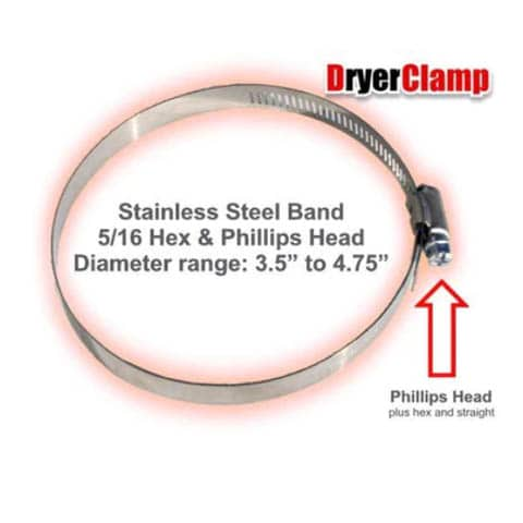 DryerClamp stainless steel worm drive hose clamps incorporate an exclusive hybrid combination of hex, straight and phillips heads.