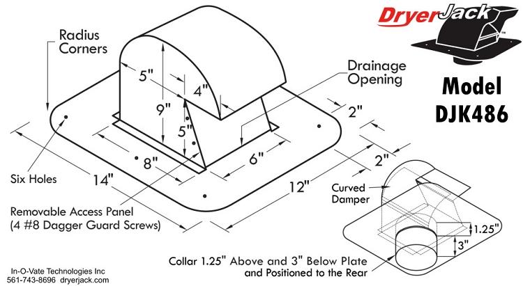 Illistration showing the specifications of the DryerJack DJK486 roof vent.