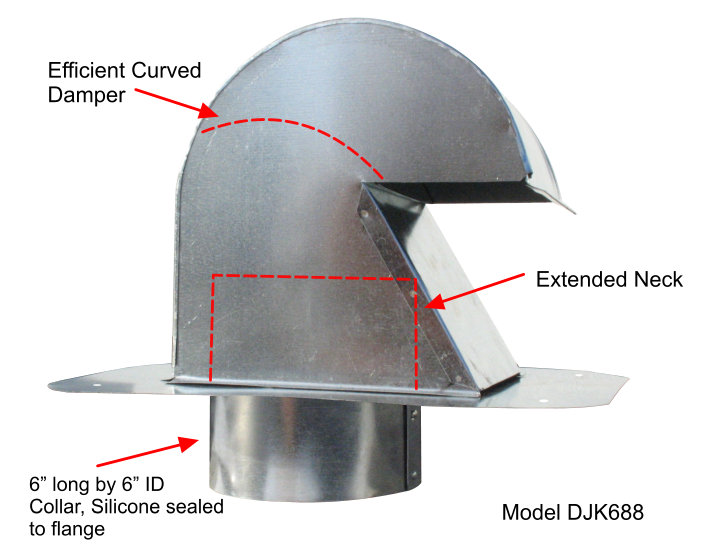 The DryerJack Model DJK688 is a rather large galvanized roof cap, having a plate size of 14" x 14", with a hood size of 8" x 8" and about 8" high.