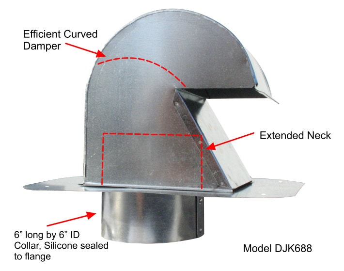 The DryerJack Model DJK688 is a rather large galvanized roof cap, having a plate size of 14" x 14", with a hood size of 8" x 8" and about 8" high.